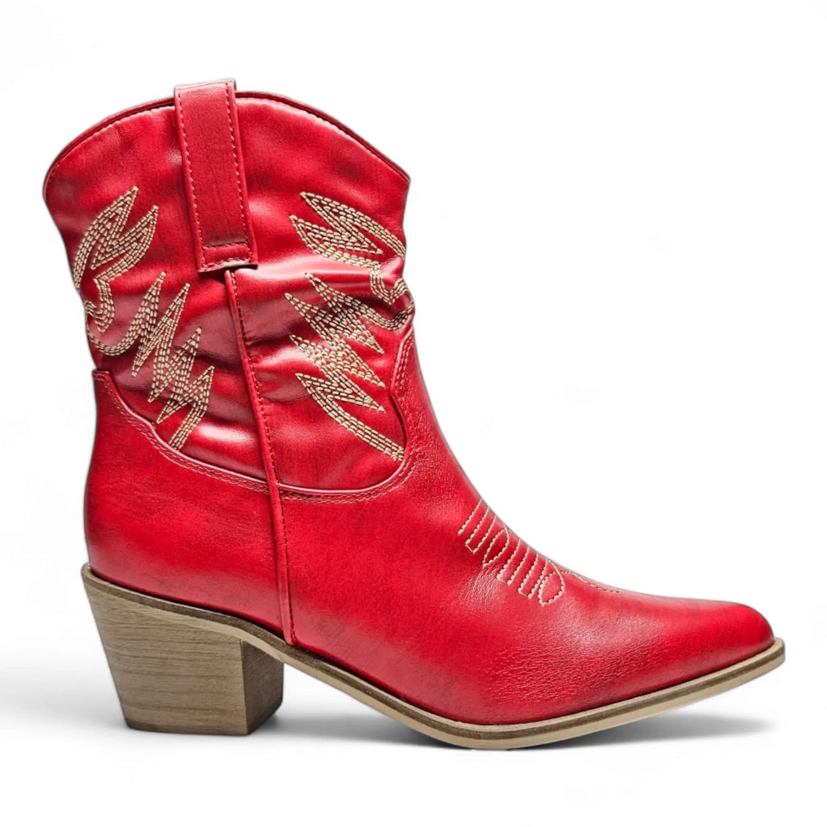 Red leather Casey Cowgirl Ankle Bootie with decorative stitching and chunky heel