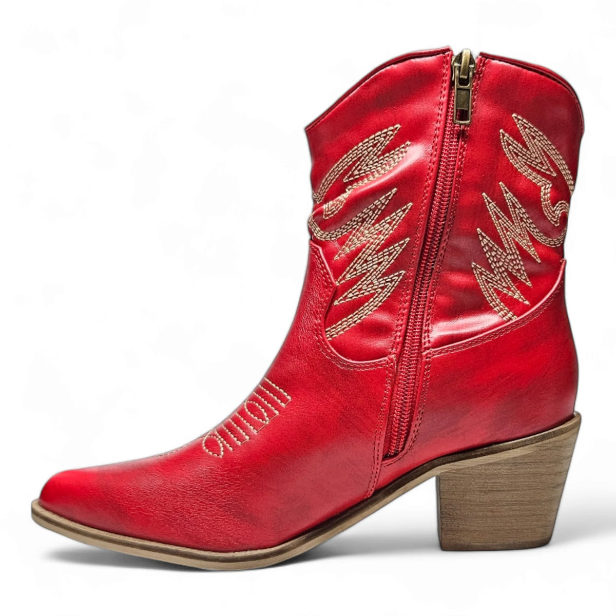 Red Casey Cowgirl Ankle Bootie with gold embroidery and side zipper detail