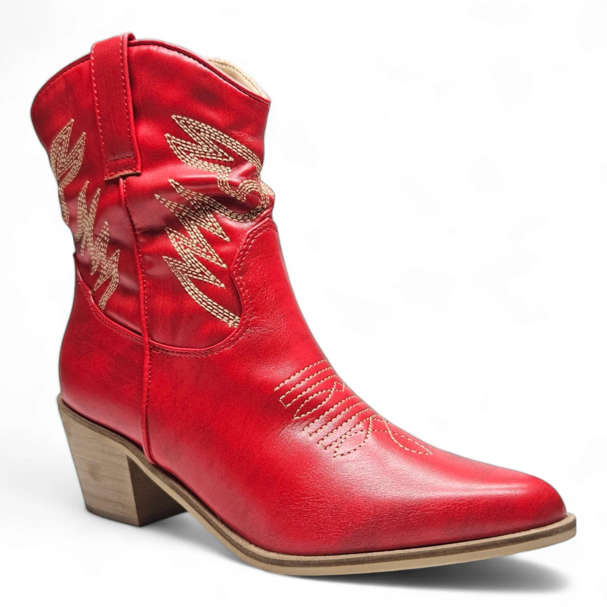 Red leather Casey Cowgirl Ankle Bootie with decorative stitching and pointed toe