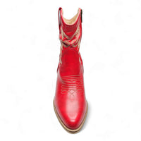 Red leather Casey Cowgirl Ankle Bootie showcasing decorative stitching detail