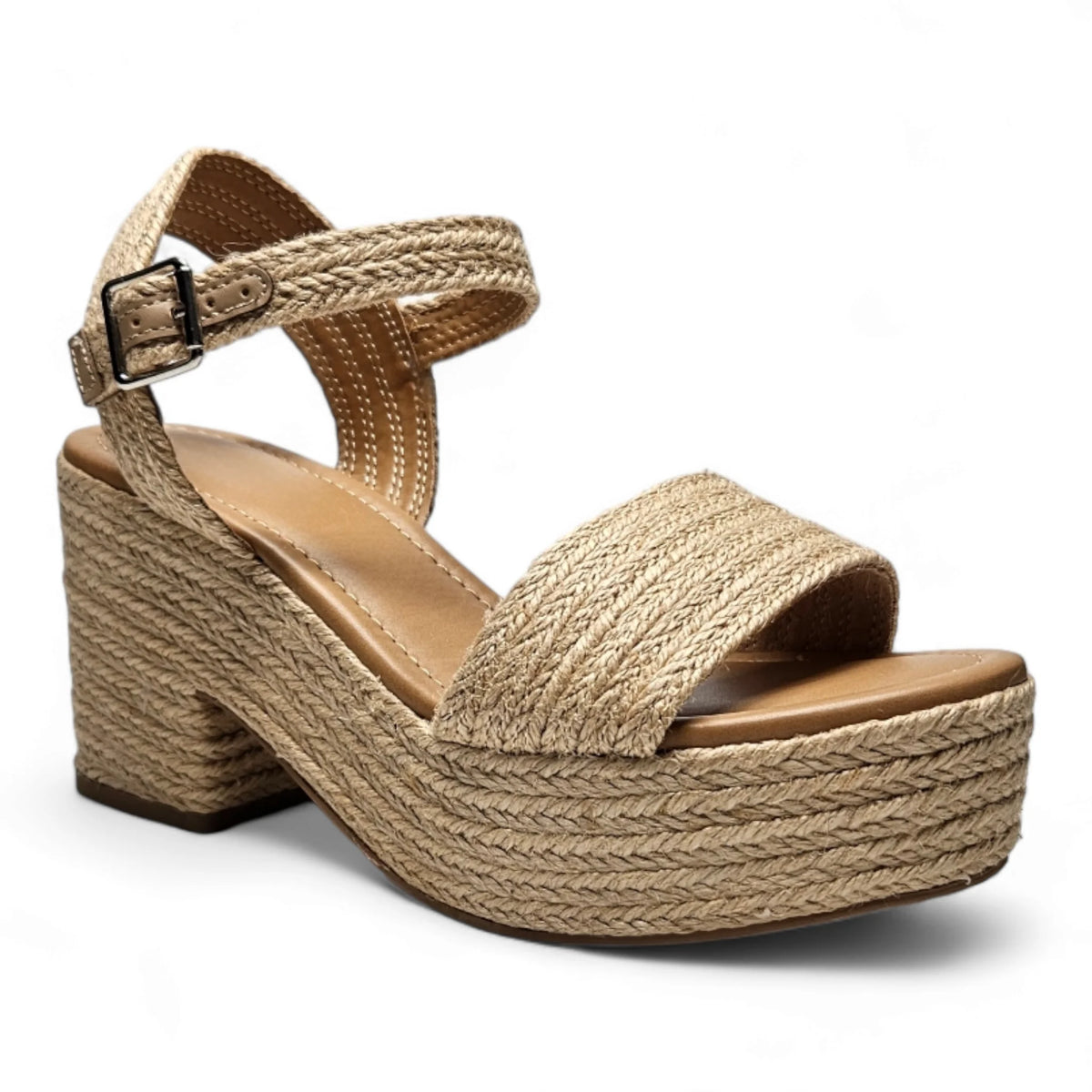 Beige Castle Wedge woven platform sandal with ankle strap and chunky heel