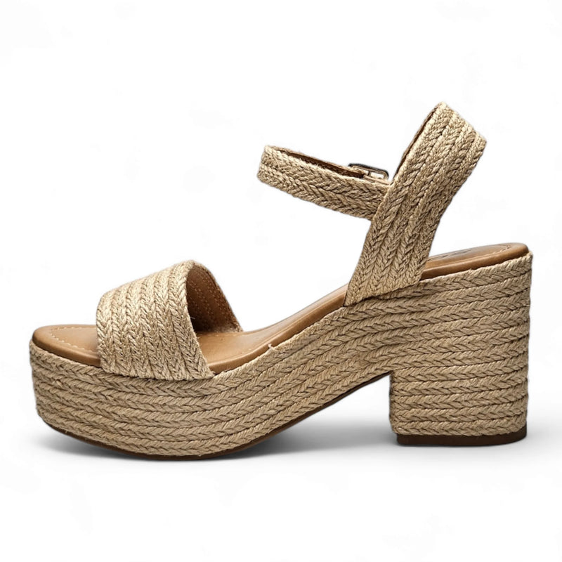 Beige Castle Wedge woven platform sandal with chunky heel and ankle strap