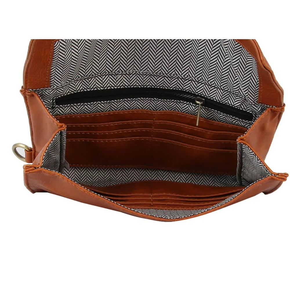 Brown leather Casual Messenger Crossbody Purse with herringbone lining and compartments