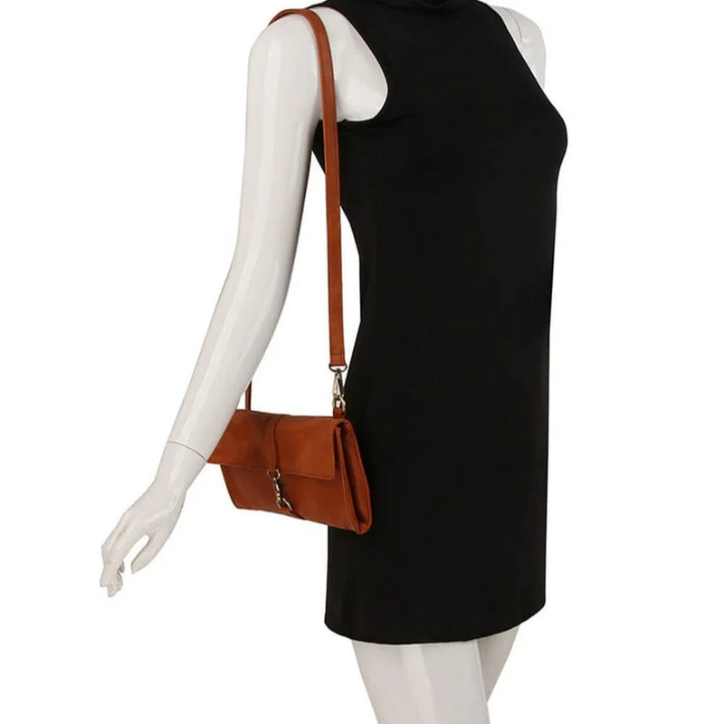 Sleeveless black dress on mannequin with casual messenger crossbody purse displayed