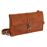 Tan leather clutch purse with detachable strap and metal clasp for casual messenger crossbody