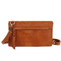 Tan leather casual messenger crossbody purse with zippered pocket and adjustable strap