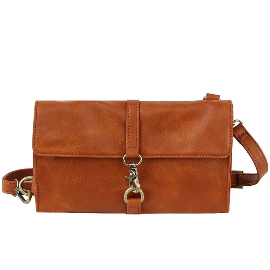 Brown leather clutch crossbody bag with flap closure and metal hardware, Casual Messenger Crossbody