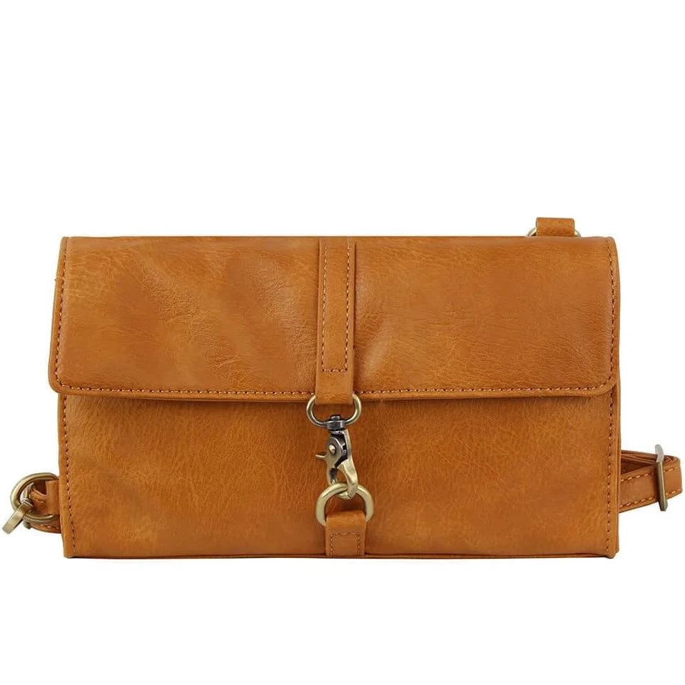 Tan leather clutch purse with flap and clasp, perfect for a casual messenger crossbody