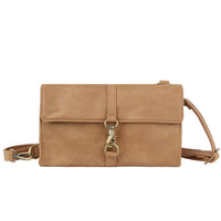 Tan leather clutch purse with strap, ideal casual messenger crossbody option