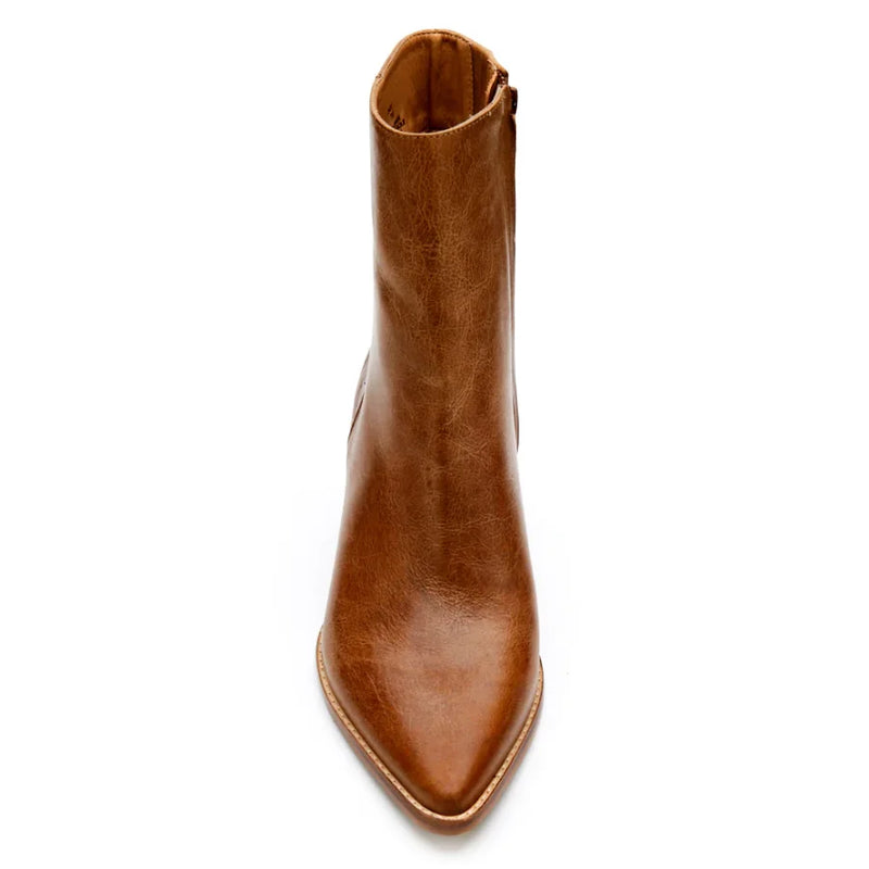 Brown leather Caty Vintage Ankle Bootie featuring a stylish pointed toe design