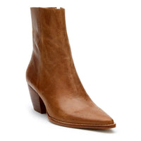 Brown leather pointed toe Caty Vintage Ankle Bootie with chunky heel for stylish comfort