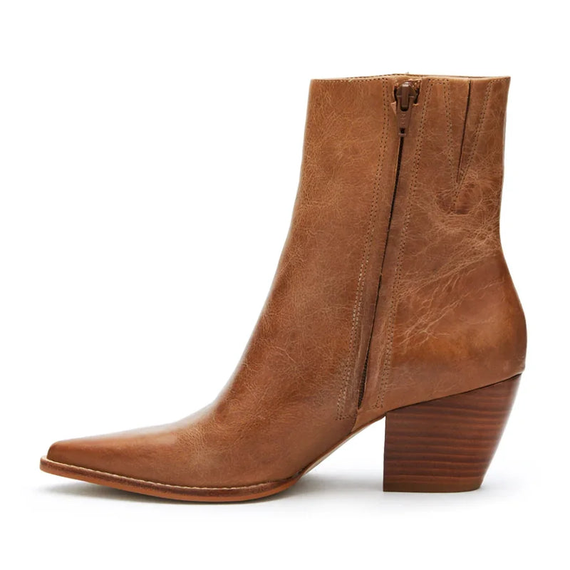 Tan leather Caty Vintage Ankle Bootie with pointed toe and stacked heel