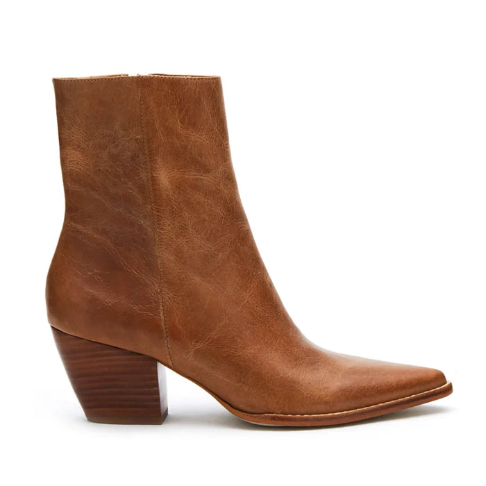 Tan leather Caty Vintage Ankle Bootie with pointed toe and stacked heel