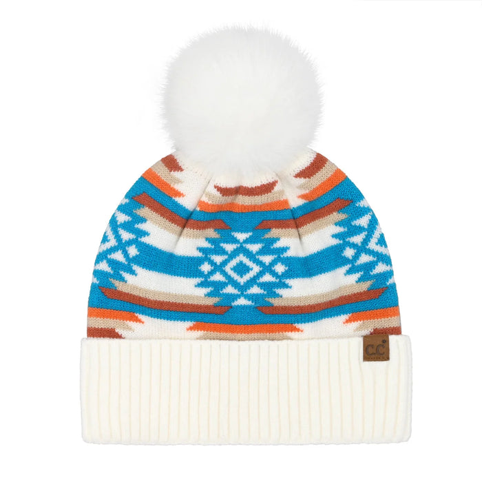 CC Aztec Pom Beanie - White