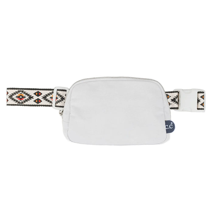 White fanny pack with decorative patterned strap for CC Aztec Strap Belt Bag