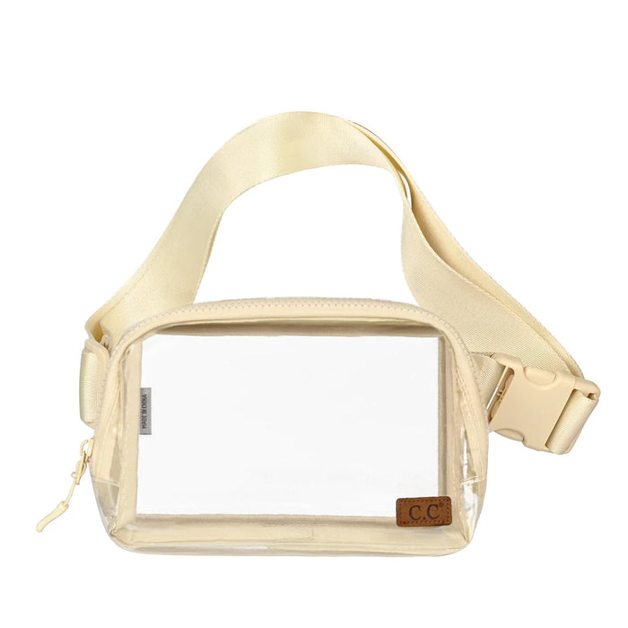 Clear Fanny Pack with beige fabric straps and trim, stylish clear plastic design