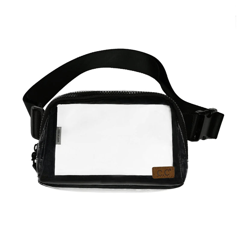 Clear fanny pack with black trim and straps, perfect for style and convenience