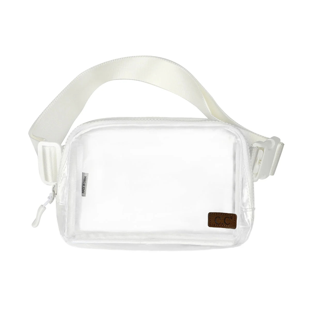 White CC Clear Fanny Pack with a transparent front panel for convenient use