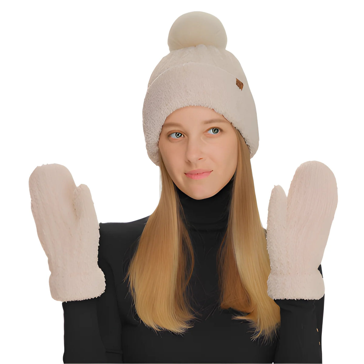 Person wearing CC Cozy Yarn Hat & Mitten Set with beige beanie and white mittens