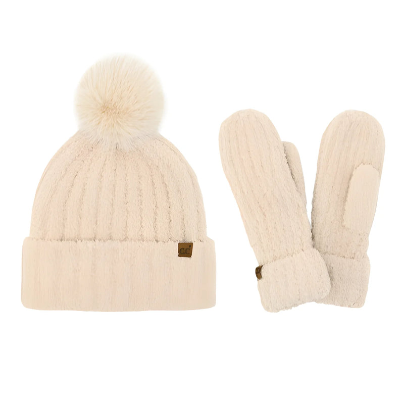 Cream-colored CC Cozy Yarn Hat and Mittens Set with pom-pom for stylish winter warmth