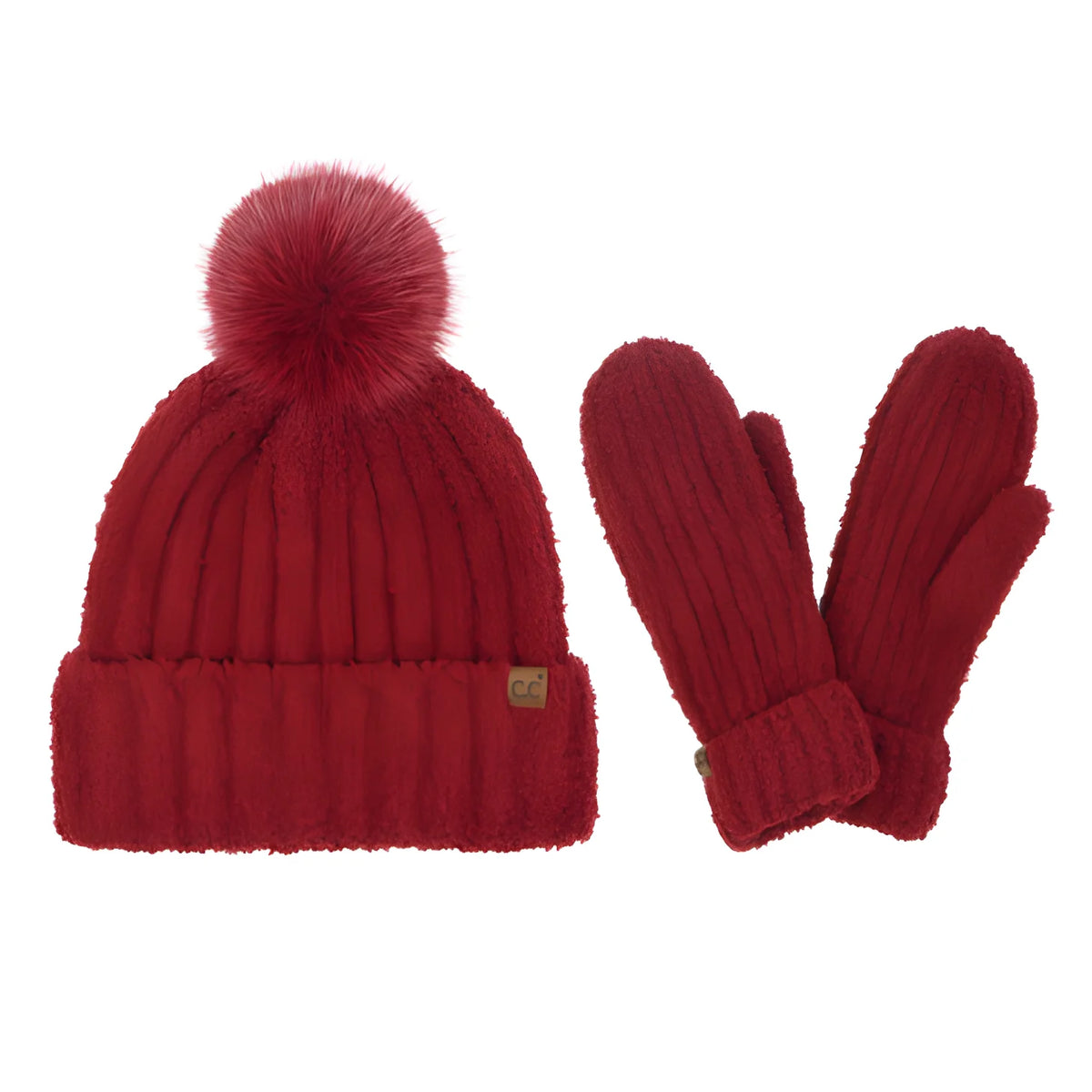 Red knit CC Cozy Yarn Hat and mitten set with pom-pom for winter warmth