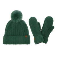 Green CC Cozy Yarn Hat and Mitten Set with pom-pom for winter warmth