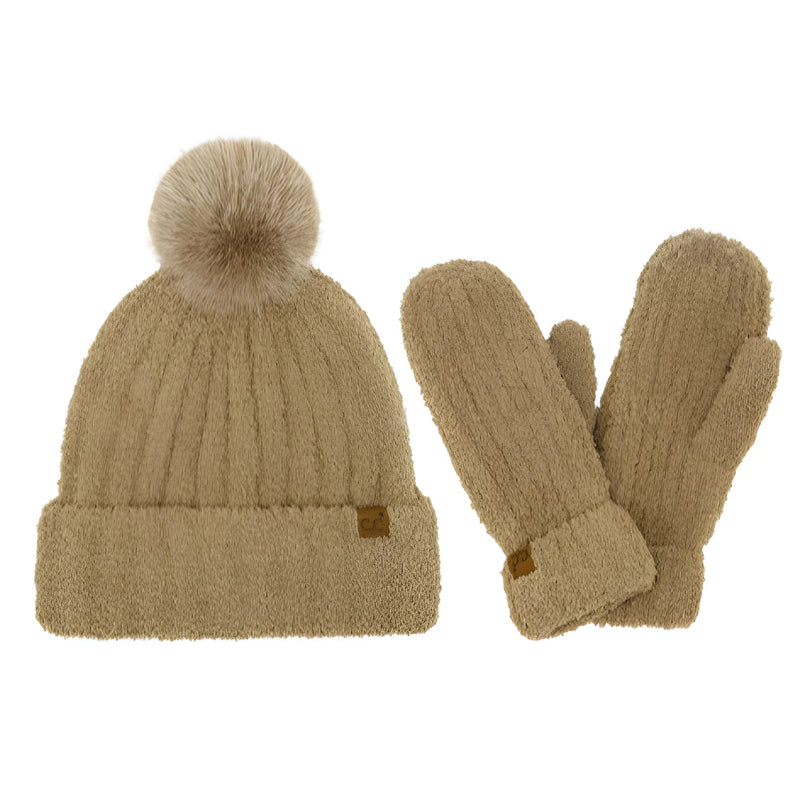 Beige Knit Winter Hat with Pom-Pom and Matching Mittens from CC Cozy Yarn Hat & Mitten Set