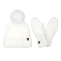 White knit winter hat with pom-pom and matching mittens from CC Cozy Yarn Hat & Mitten Set