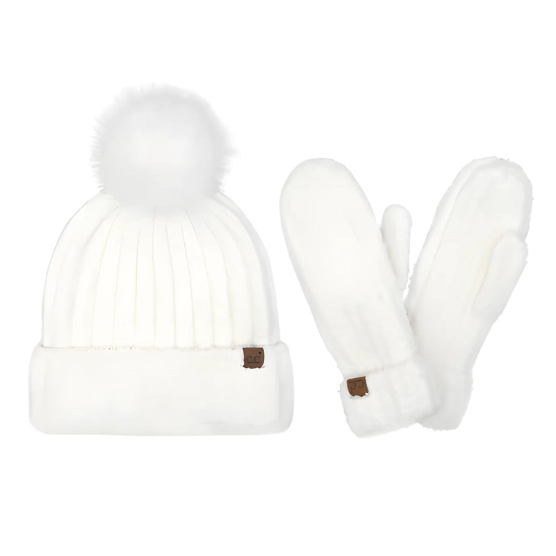 White knit winter hat with pom-pom and matching mittens from CC Cozy Yarn Hat & Mitten Set