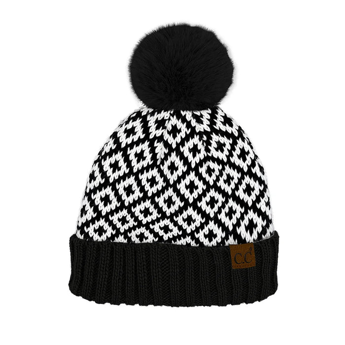 Winter knit hat featuring a diamond pattern and large pom-pom, CC Diamond Pattern Pom Beanie