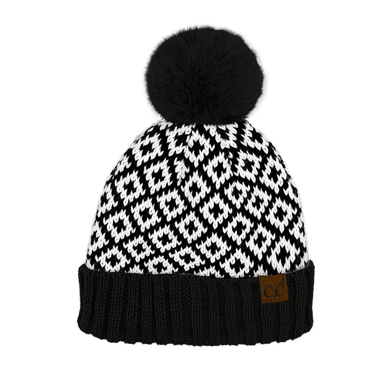 Winter knit hat featuring a diamond pattern and large pom-pom, CC Diamond Pattern Pom Beanie