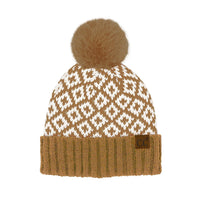 Knitted CC Diamond Pattern Pom Beanie featuring a fuzzy pompom and stylish design