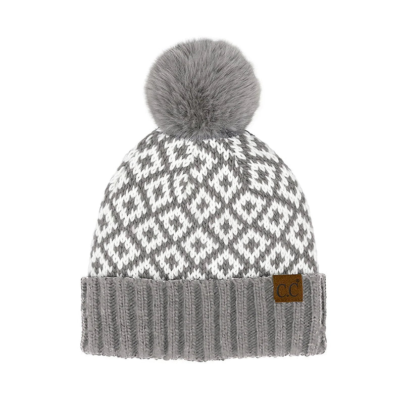 Knitted CC Diamond Pattern Pom Beanie with fuzzy pom-pom and geometric design