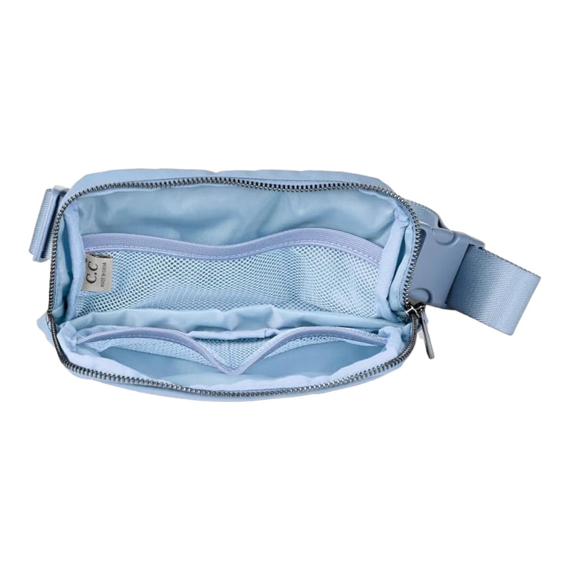 Light blue CC Waterproof Belt Bag with open zipper compartment for easy access