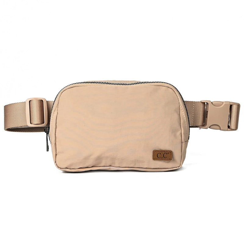 Beige CC Waterproof Belt Bag featuring adjustable waist strap and zipper closure