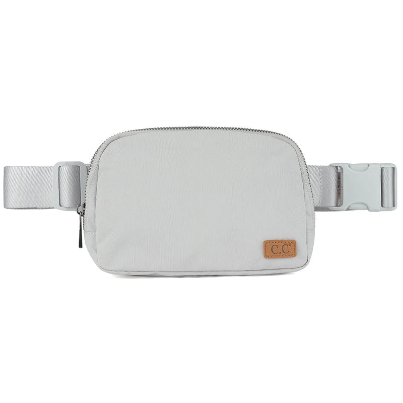 Light gray CC Waterproof Belt Bag with adjustable strap and logo patch, stylish fanny belt