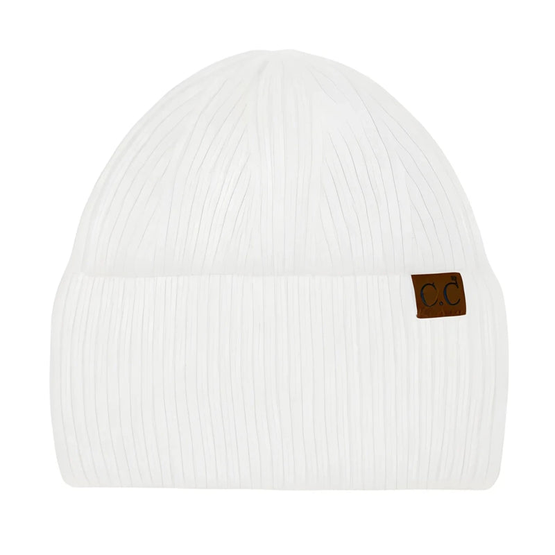 White knit CC Wide Cuff Beanie with a small brown leather patch for stylish warmth