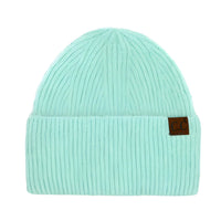 Mint green CC Wide Cuff Beanie with brown leather patch for stylish warmth