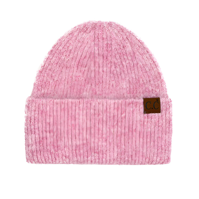 Pink CC Wide Cuff Beanie with brown leather patch for stylish winter wear