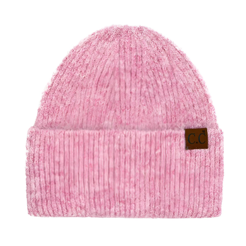 Pink CC Wide Cuff Beanie with brown leather patch for stylish winter wear