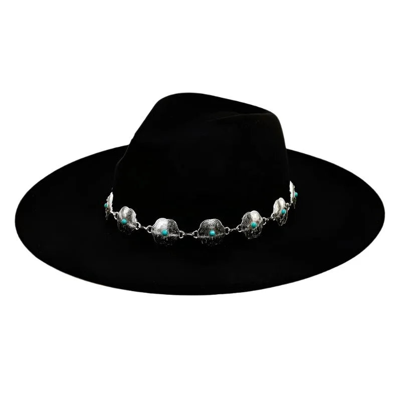 Black felt Chain Strap Fedora Hat with turquoise-studded silver band design