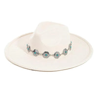 White wide-brimmed Chain Strap Fedora Hat with turquoise and silver decorative band