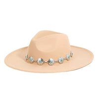 Beige felt chain strap fedora with turquoise and silver concho hat band