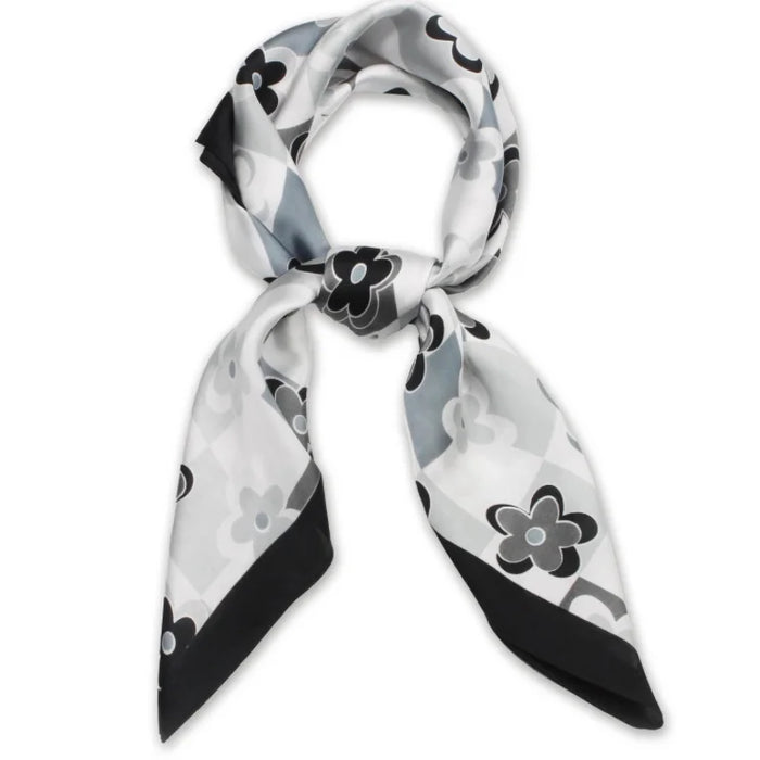 White silk checkered flower scarf with black floral pattern and border detail