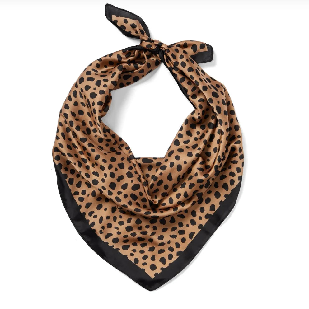 Leopard print silk scarf with a black border, perfect cheetah print neck accessory