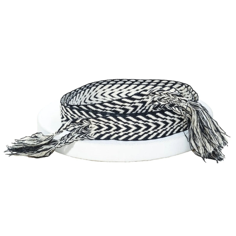 Black and white chevron stripe pattern braided belt with tasseled ends