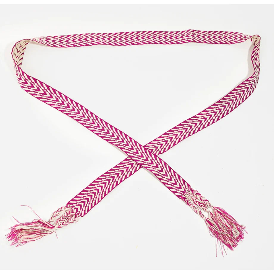 Pink and white stripe pattern braided belt with tassels in Chevron Stripe Pattern design