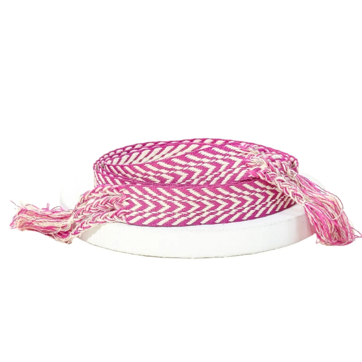 Pink and white chevron stripe pattern braided belt with fringed ends for stylish outfits