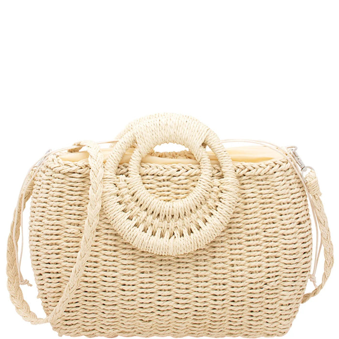 Chic Drawstring Straw Satchel Bag with woven straw design and circular shoulder strap