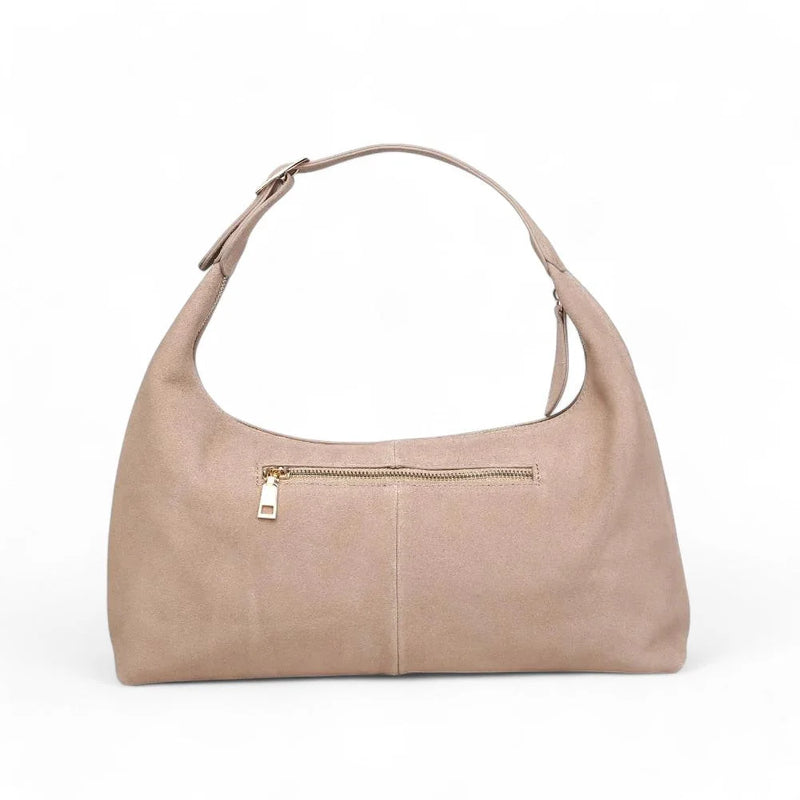 Beige leather Chic Maple Shoulder Hobo Bag featuring gold zipper detail